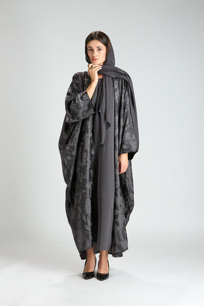 Ayla Gray Floral Jacquard 3-Piece Cape Abaya