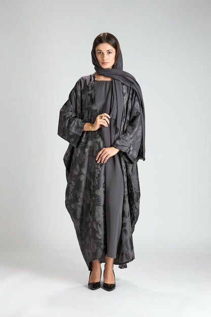Ayla Gray Floral Jacquard 3-Piece Cape Abaya