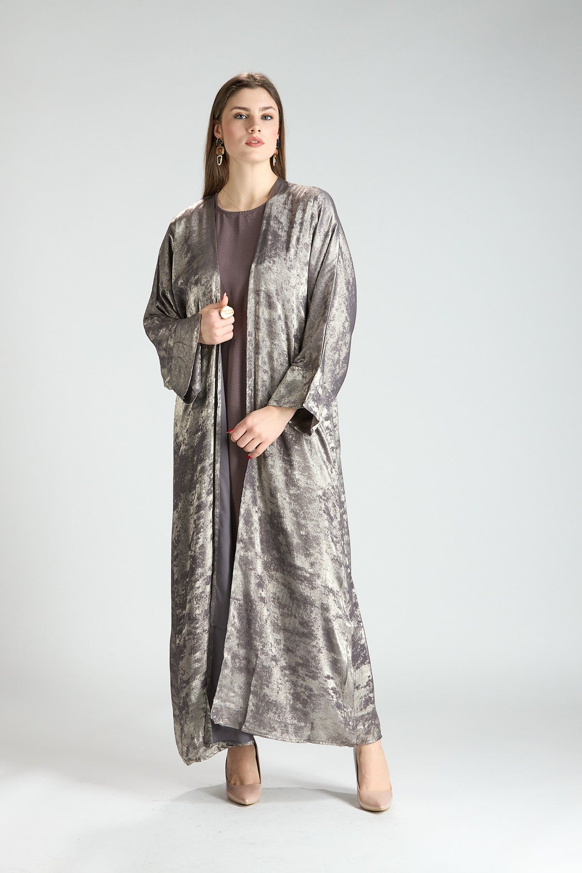 Mocha Metallic Textured 3-Piece Open Abaya with Inner Dress