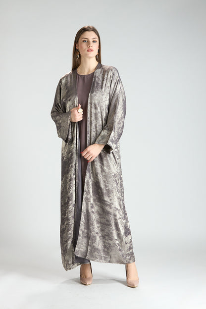 Mocha Metallic Textured 3-Piece Open Abaya with Inner Dress