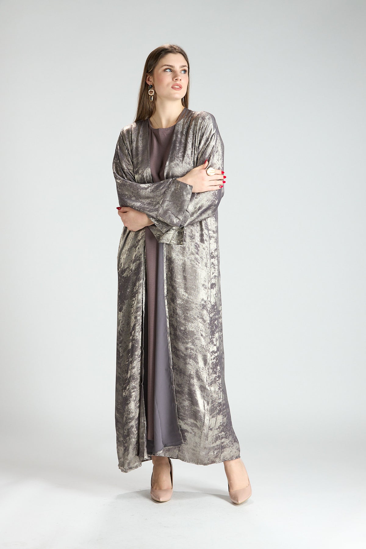Mocha Metallic Textured 3-Piece Open Abaya with Inner Dress