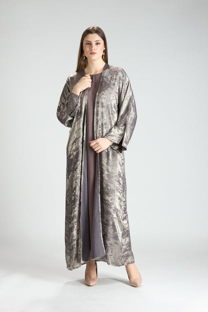 Mocha Metallic Textured 3-Piece Open Abaya with Inner Dress
