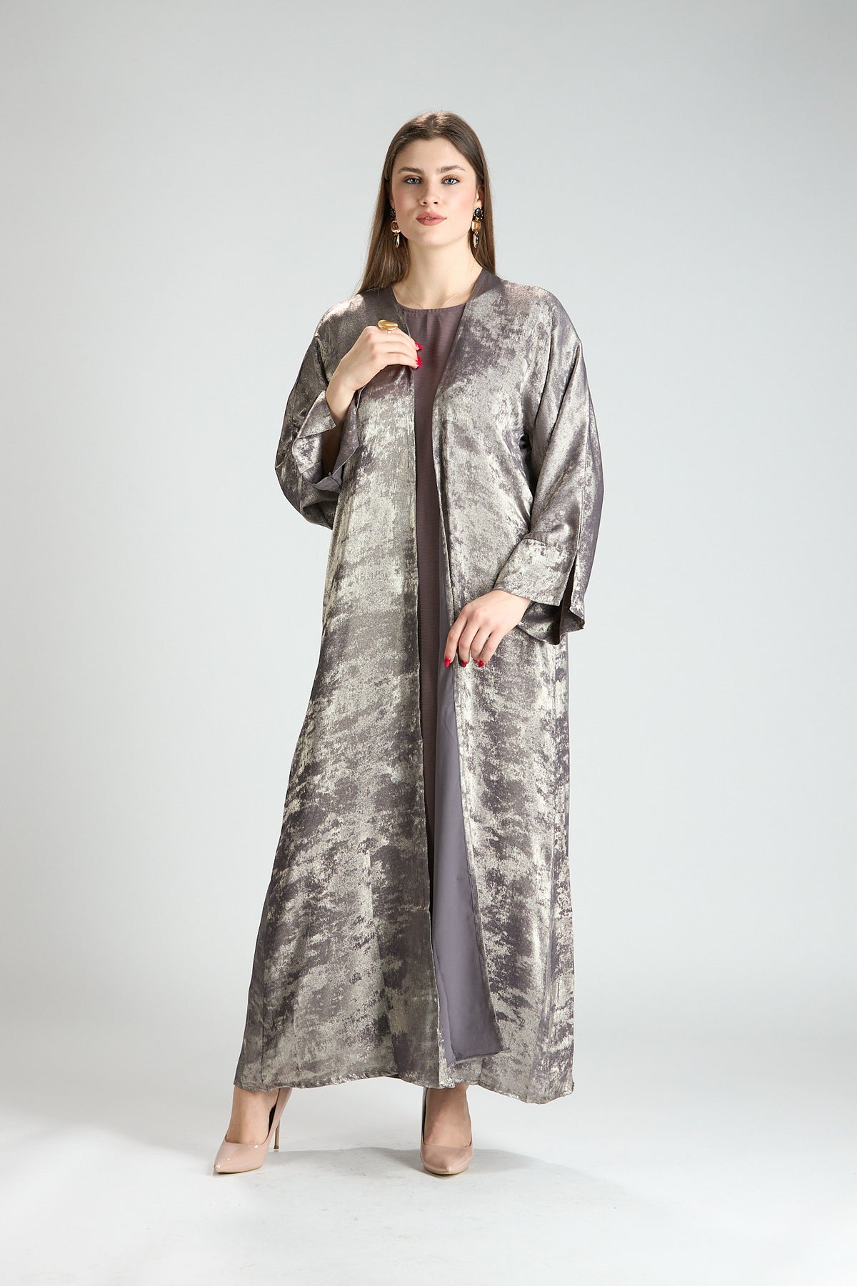 Mocha Metallic Textured 3-Piece Open Abaya with Inner Dress