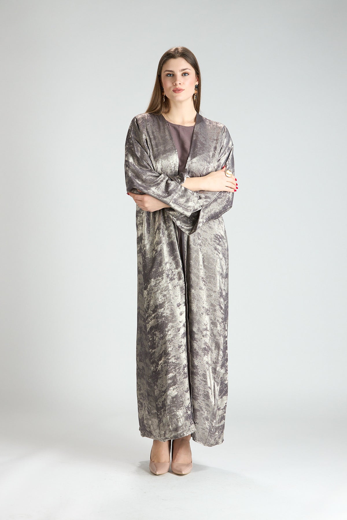 Mocha Metallic Textured 3-Piece Open Abaya with Inner Dress