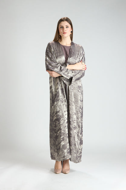 Mocha Metallic Textured 3-Piece Open Abaya with Inner Dress