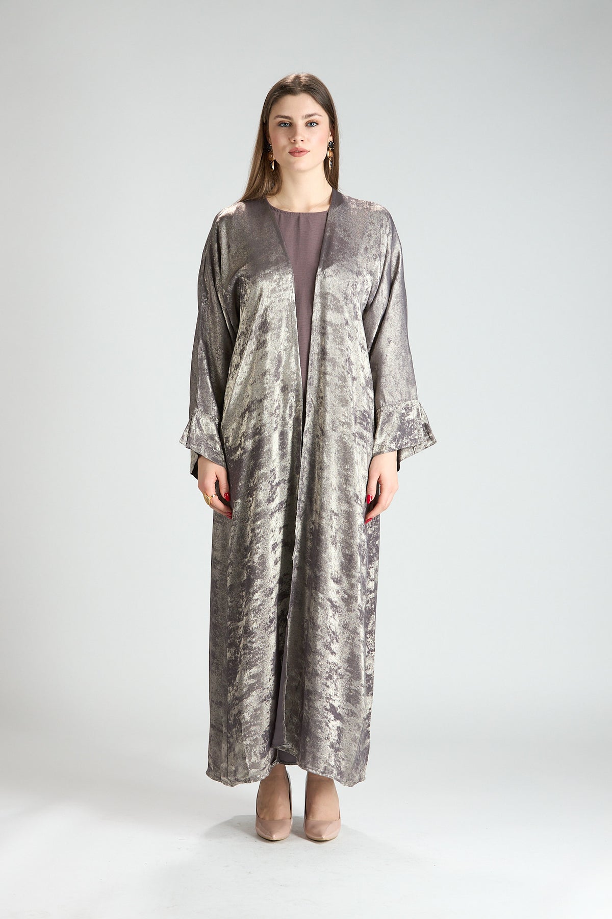 Mocha Metallic Textured 3-Piece Open Abaya with Inner Dress
