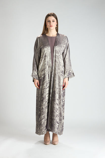 Mocha Metallic Textured 3-Piece Open Abaya with Inner Dress