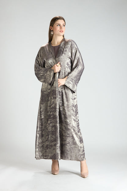 Mocha Metallic Textured 3-Piece Open Abaya with Inner Dress