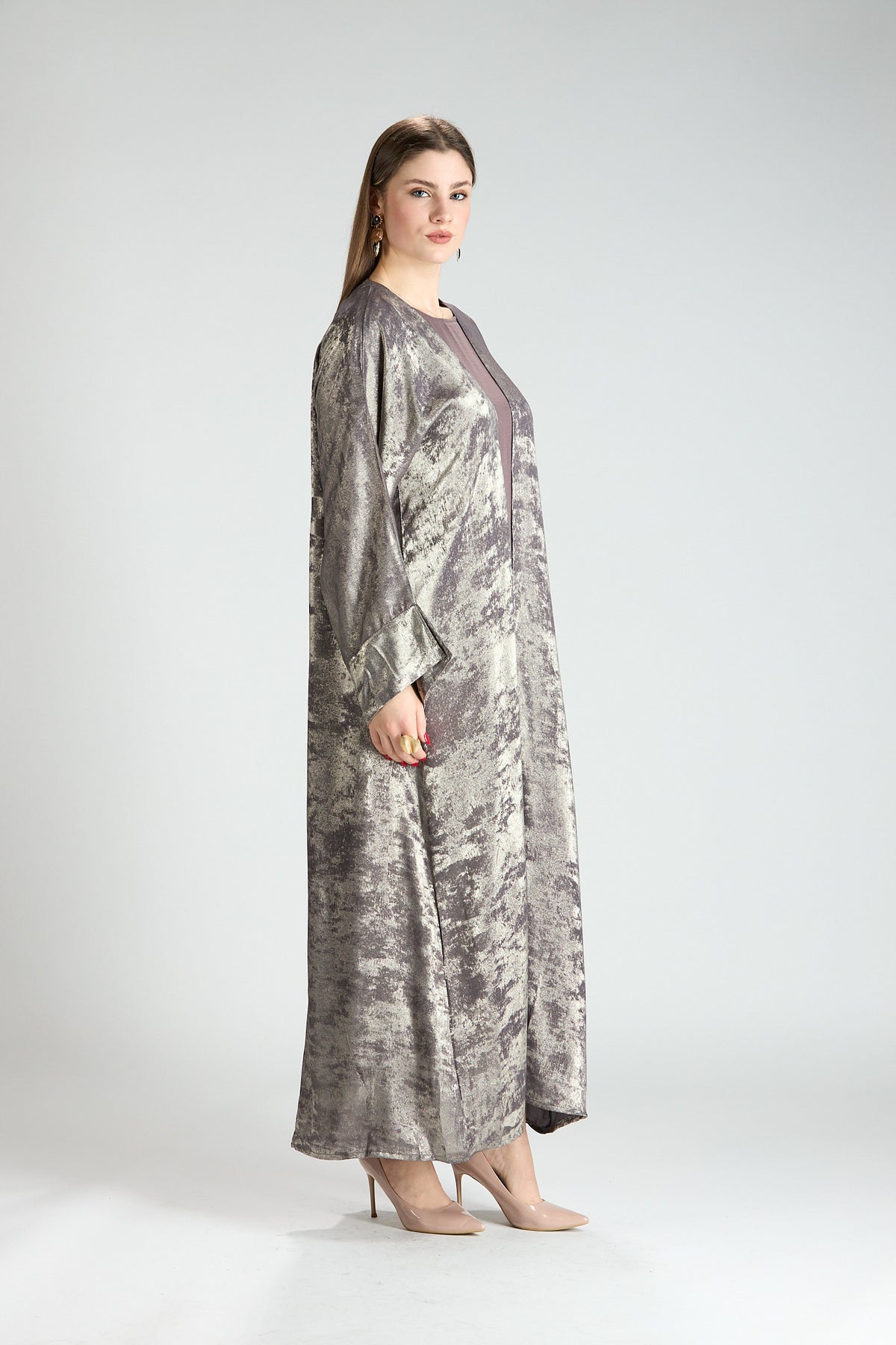 Mocha Metallic Textured 3-Piece Open Abaya with Inner Dress