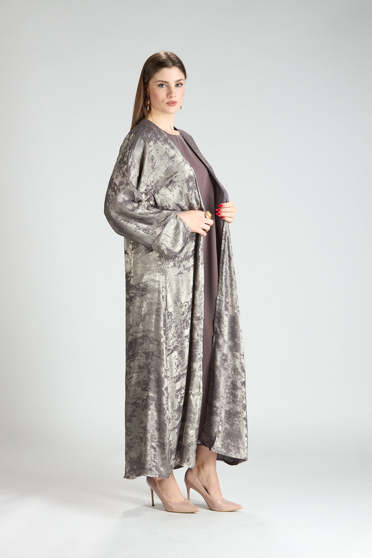 Mocha Metallic Textured 3-Piece Open Abaya with Inner Dress