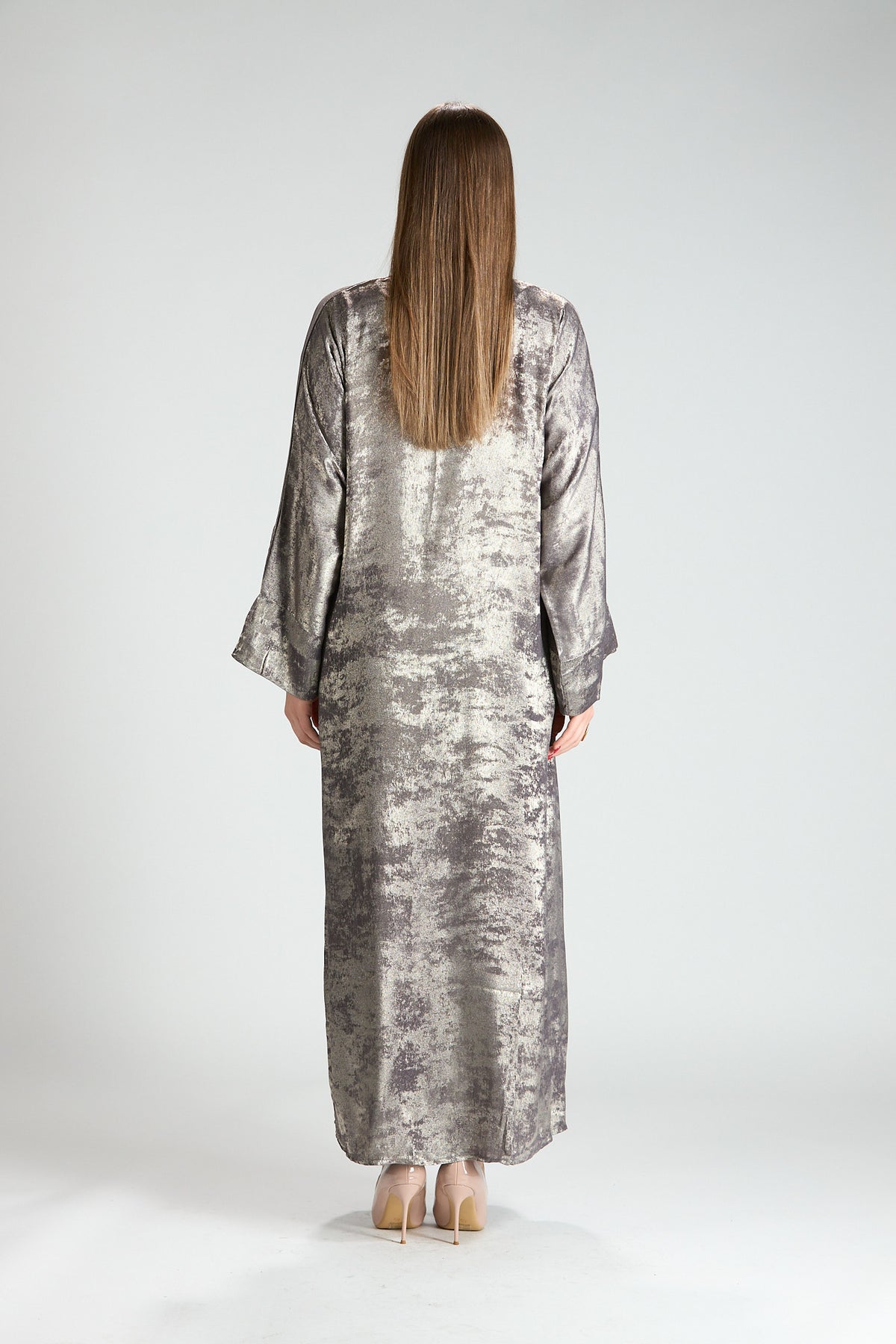 Mocha Metallic Textured 3-Piece Open Abaya with Inner Dress