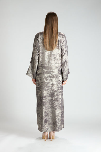 Mocha Metallic Textured 3-Piece Open Abaya with Inner Dress