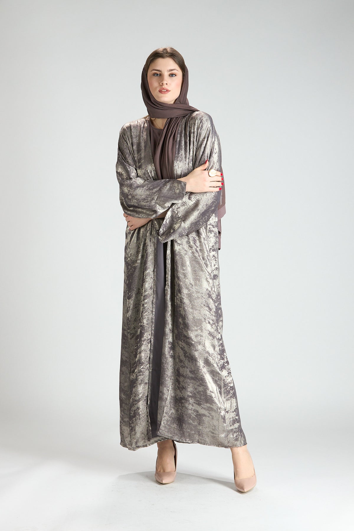 Mocha Metallic Textured 3-Piece Open Abaya with Inner Dress