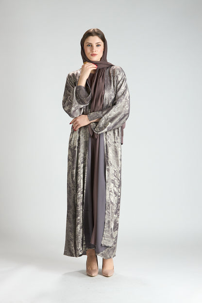 Mocha Metallic Textured 3-Piece Open Abaya with Inner Dress