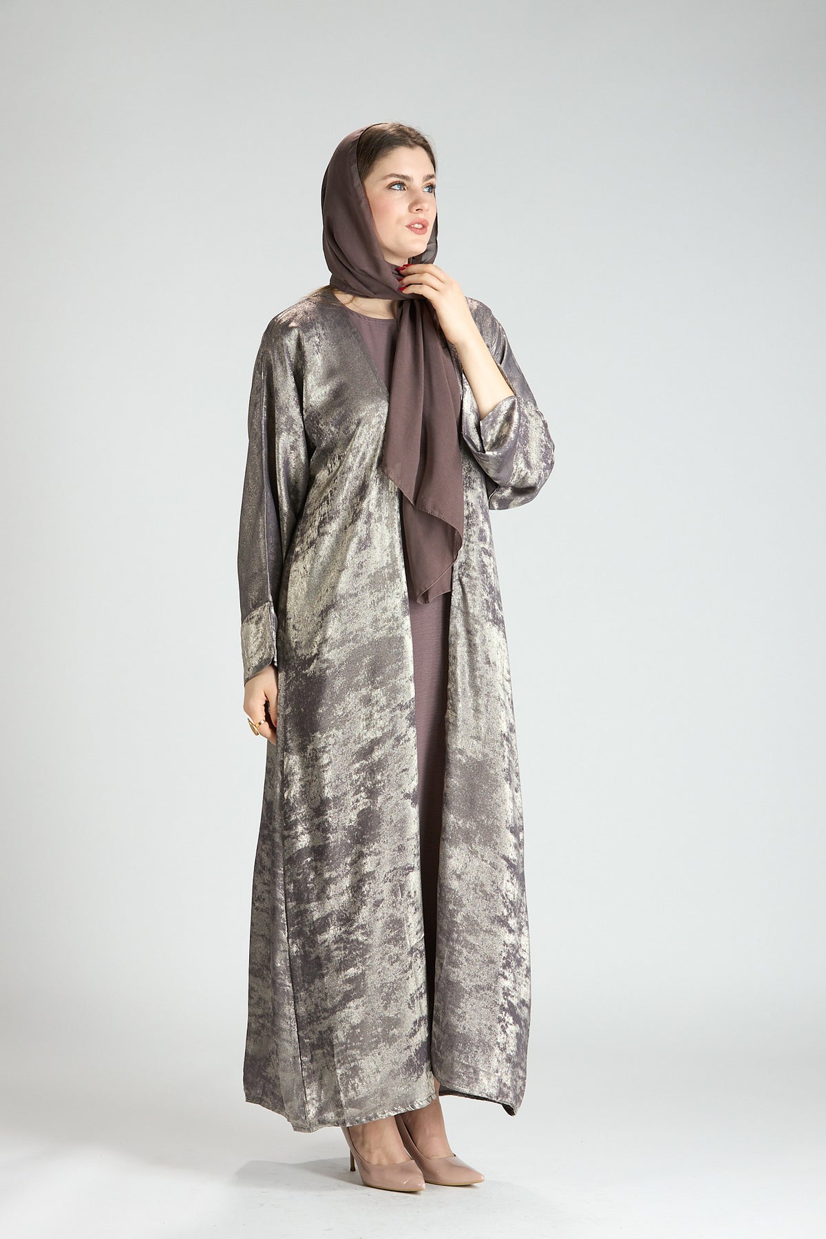 Mocha Metallic Textured 3-Piece Open Abaya with Inner Dress