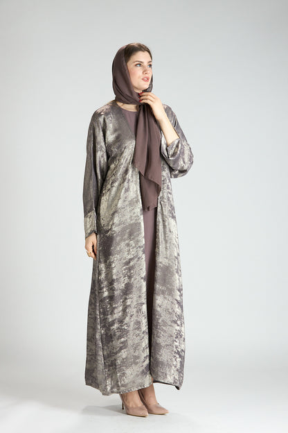 Mocha Metallic Textured 3-Piece Open Abaya with Inner Dress