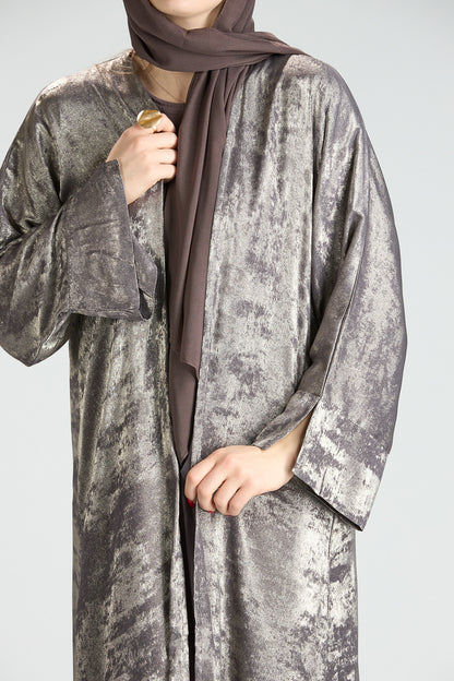 Mocha Metallic Textured 3-Piece Open Abaya with Inner Dress