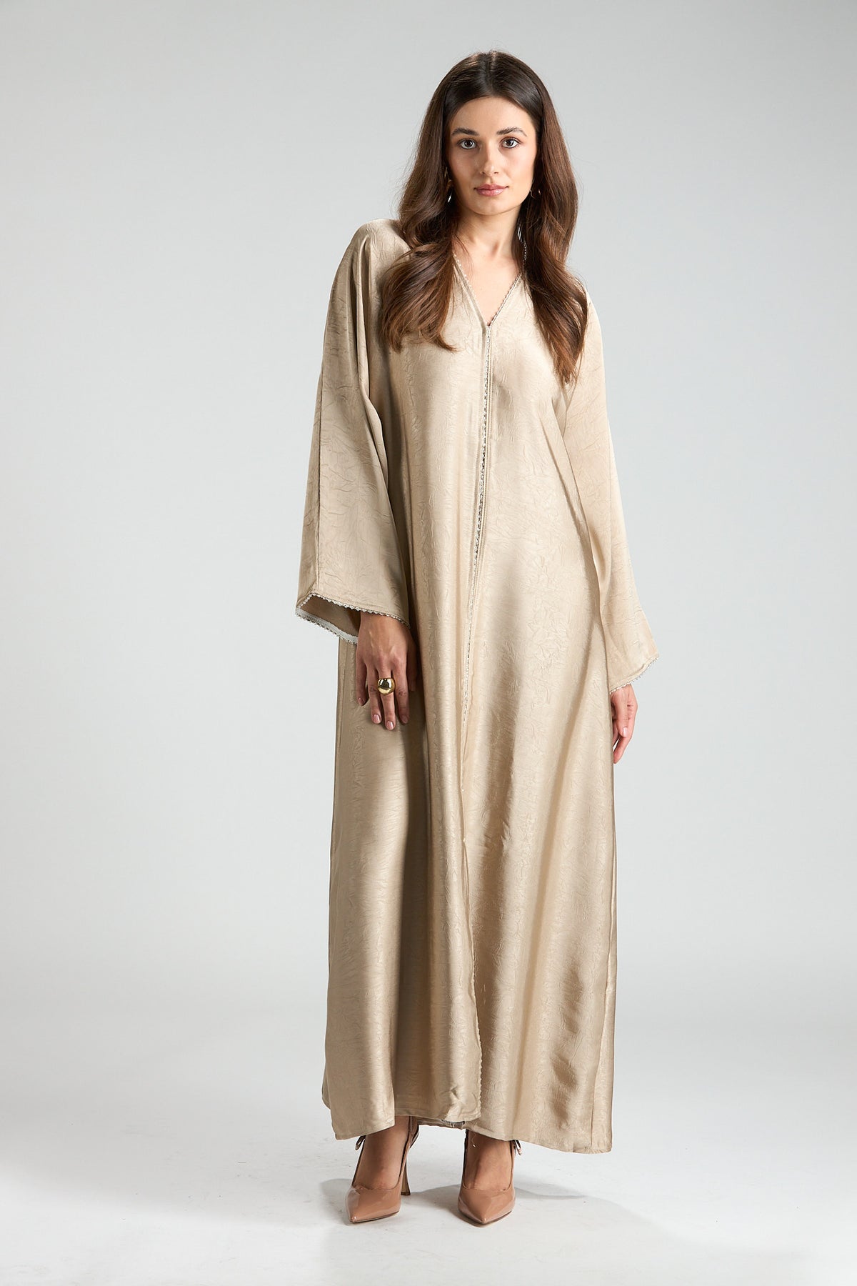 Farah Champagne Beige Textured Sheen 2-Piece Abaya with Hijab