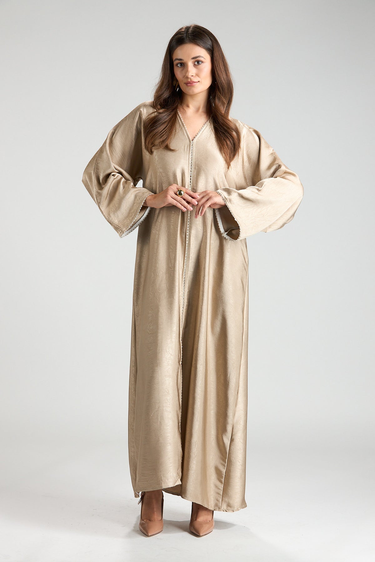 Farah Champagne Beige Textured Sheen 2-Piece Abaya with Hijab