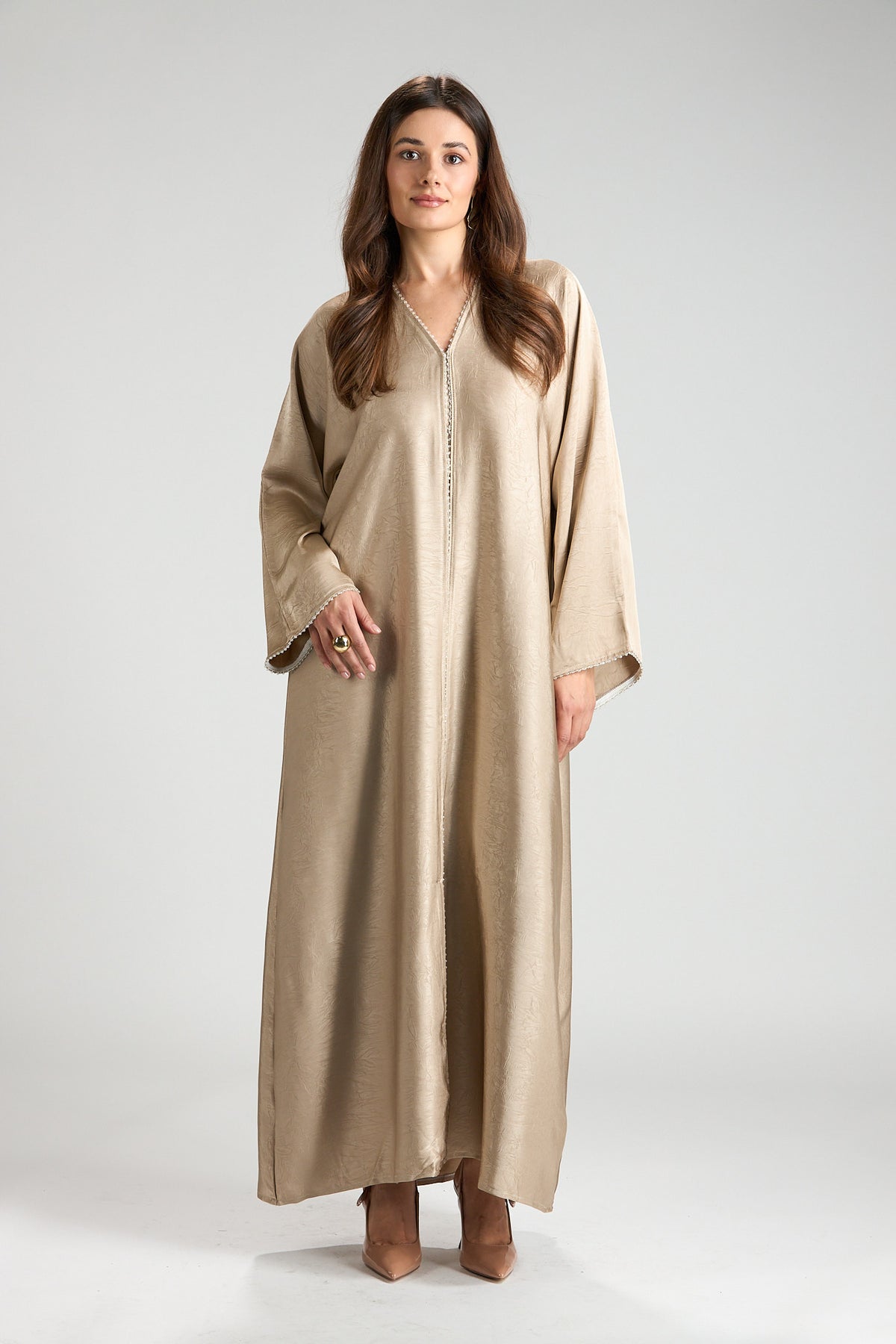 Farah Champagne Beige Textured Sheen 2-Piece Abaya with Hijab