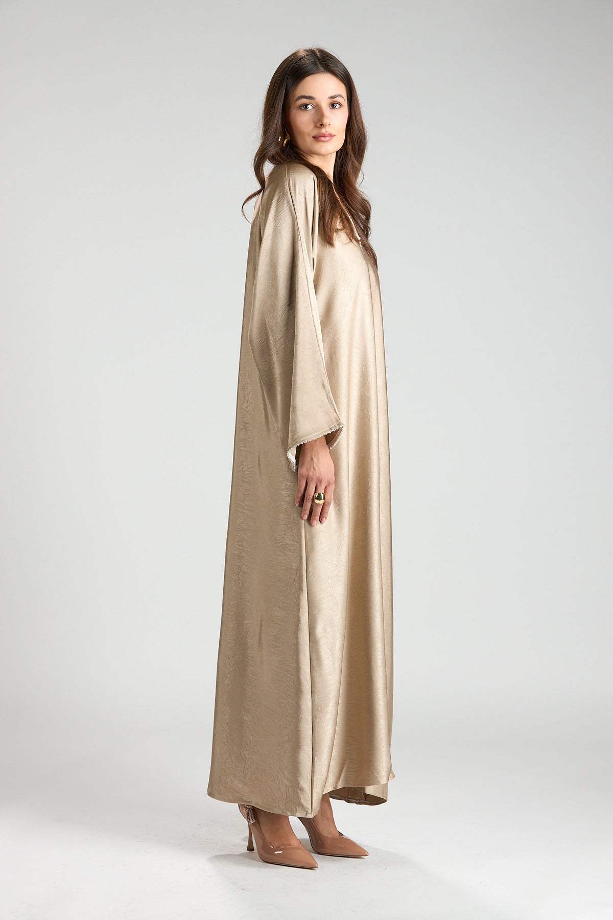 Farah Champagne Beige Textured Sheen 2-Piece Abaya with Hijab