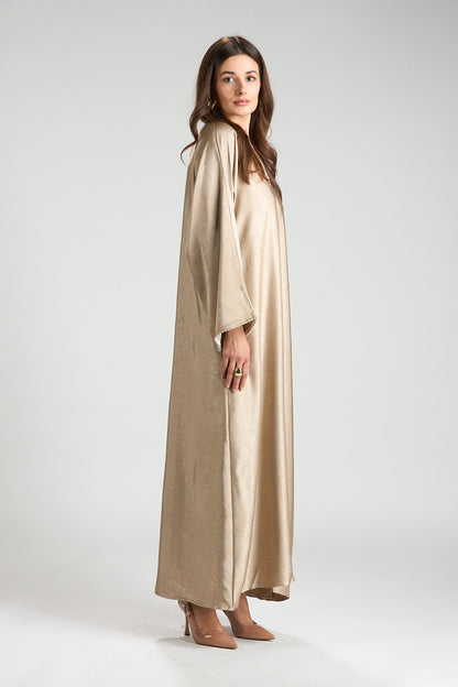 Farah Champagne Beige Textured Sheen 2-Piece Abaya with Hijab
