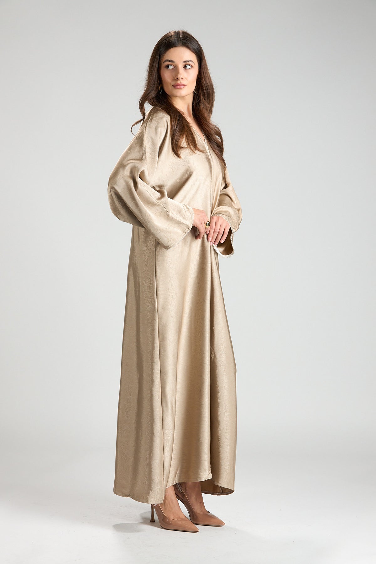 Farah Champagne Beige Textured Sheen 2-Piece Abaya with Hijab