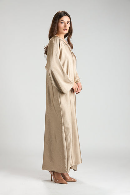 Farah Champagne Beige Textured Sheen 2-Piece Abaya with Hijab