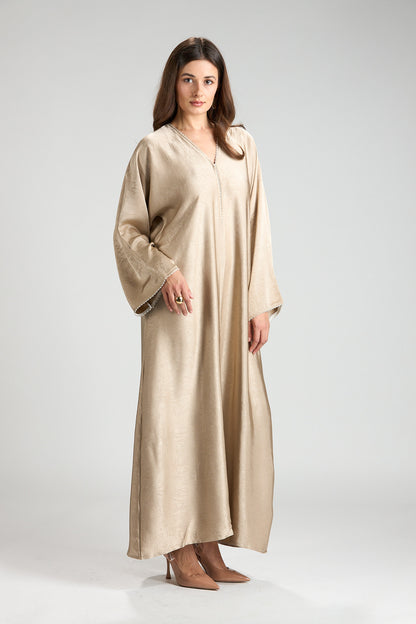 Farah Champagne Beige Textured Sheen 2-Piece Abaya with Hijab