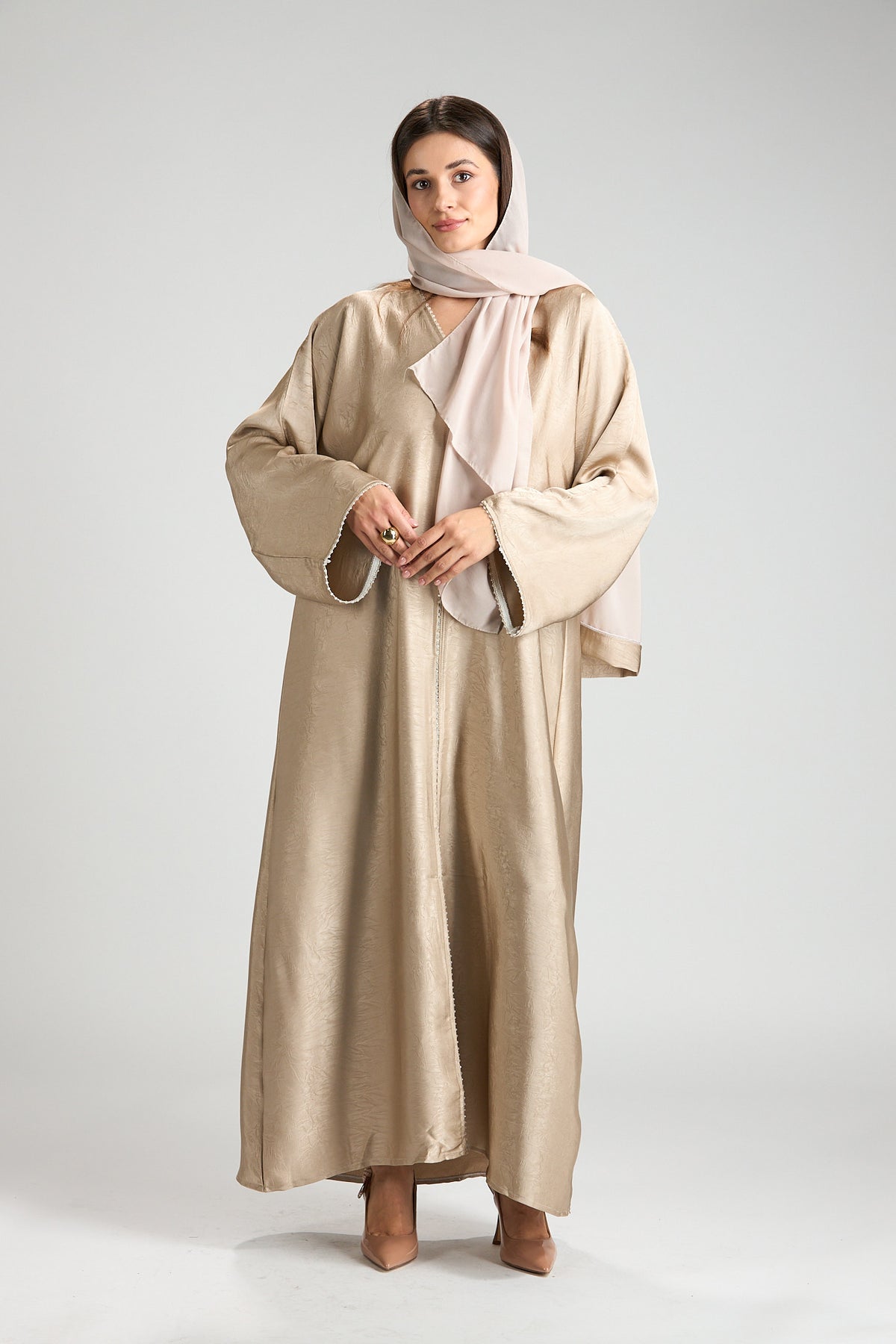 Farah Champagne Beige Textured Sheen 2-Piece Abaya with Hijab