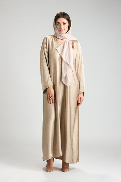 Farah Champagne Beige Textured Sheen 2-Piece Abaya with Hijab