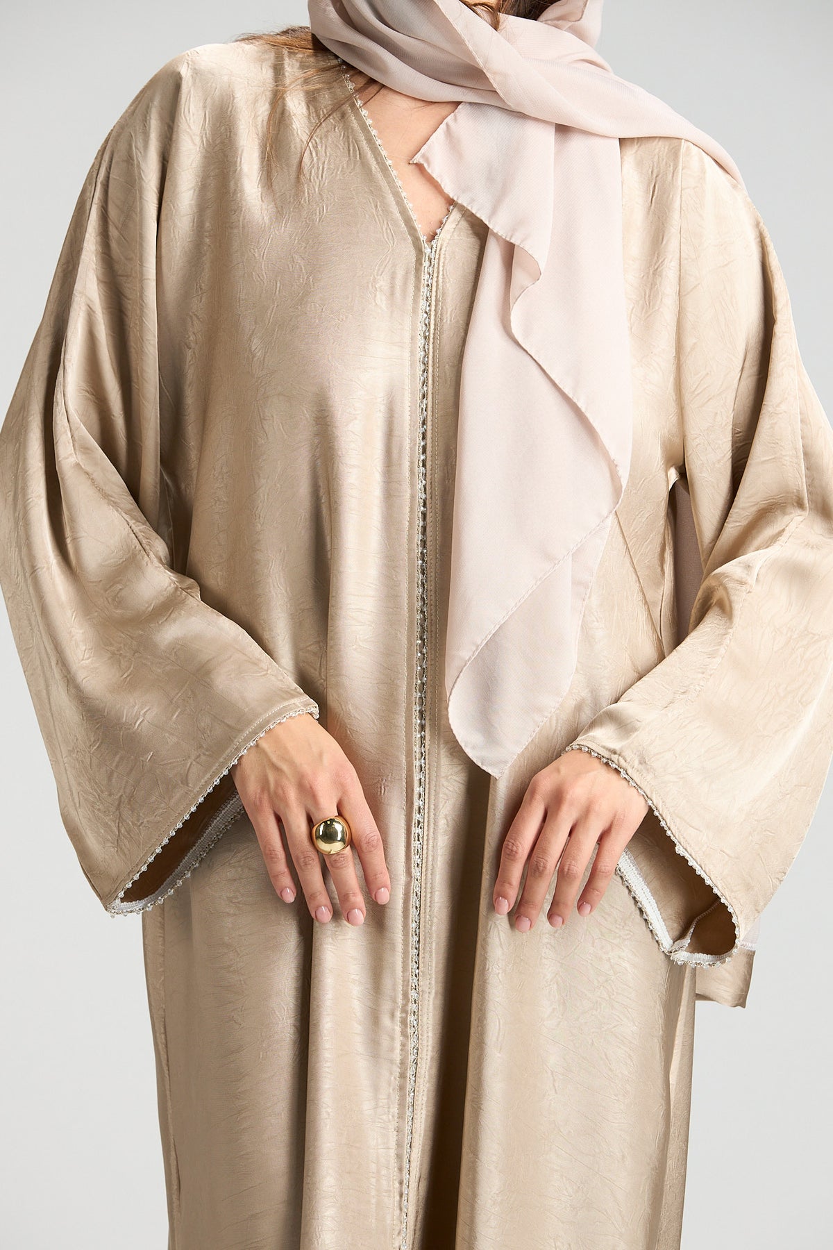 Farah Champagne Beige Textured Sheen 2-Piece Abaya with Hijab