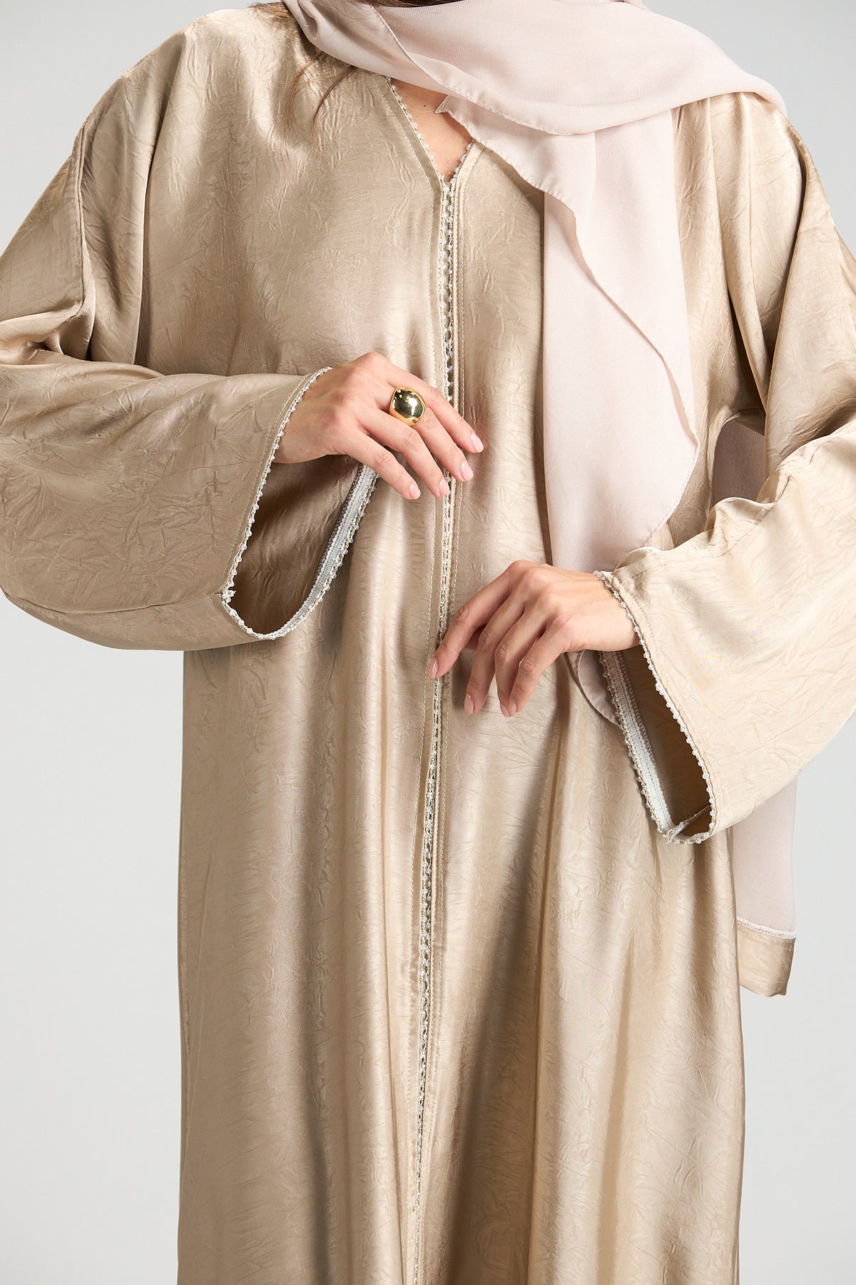 Farah Champagne Beige Textured Sheen 2-Piece Abaya with Hijab