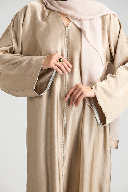 Farah Champagne Beige Textured Sheen 2-Piece Abaya with Hijab