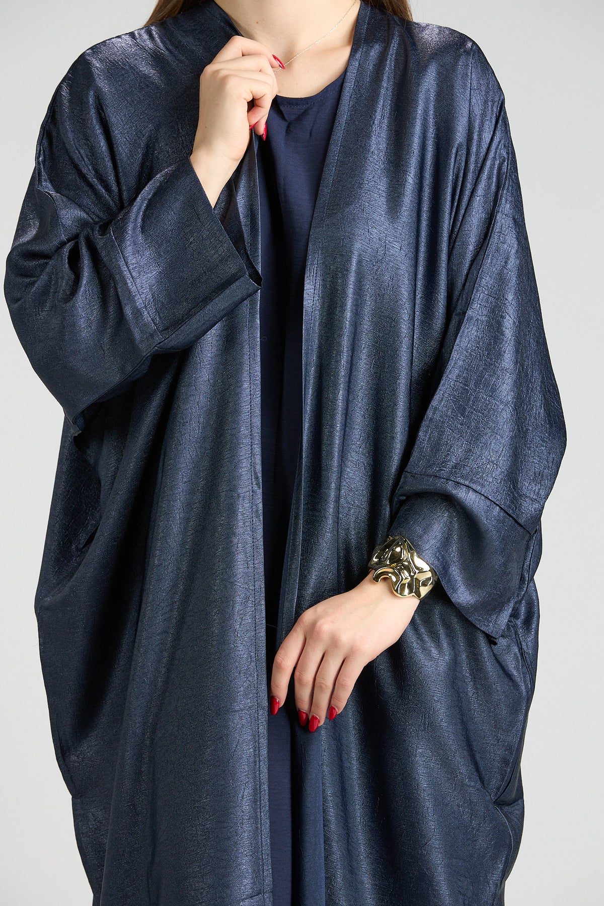 Midnight Silk Navy Shimmer 3-Piece Open Abaya with Inner Dress