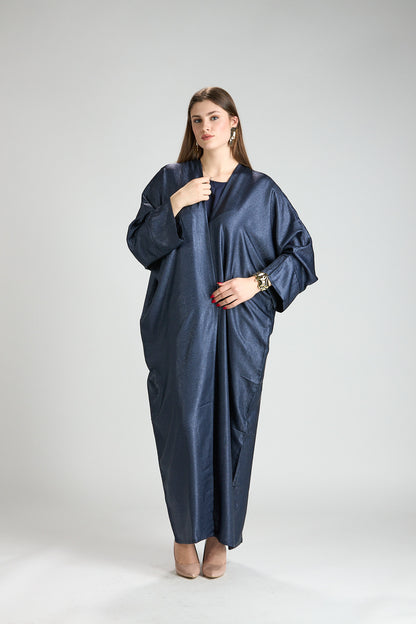 Midnight Silk Navy Shimmer 3-Piece Open Abaya with Inner Dress
