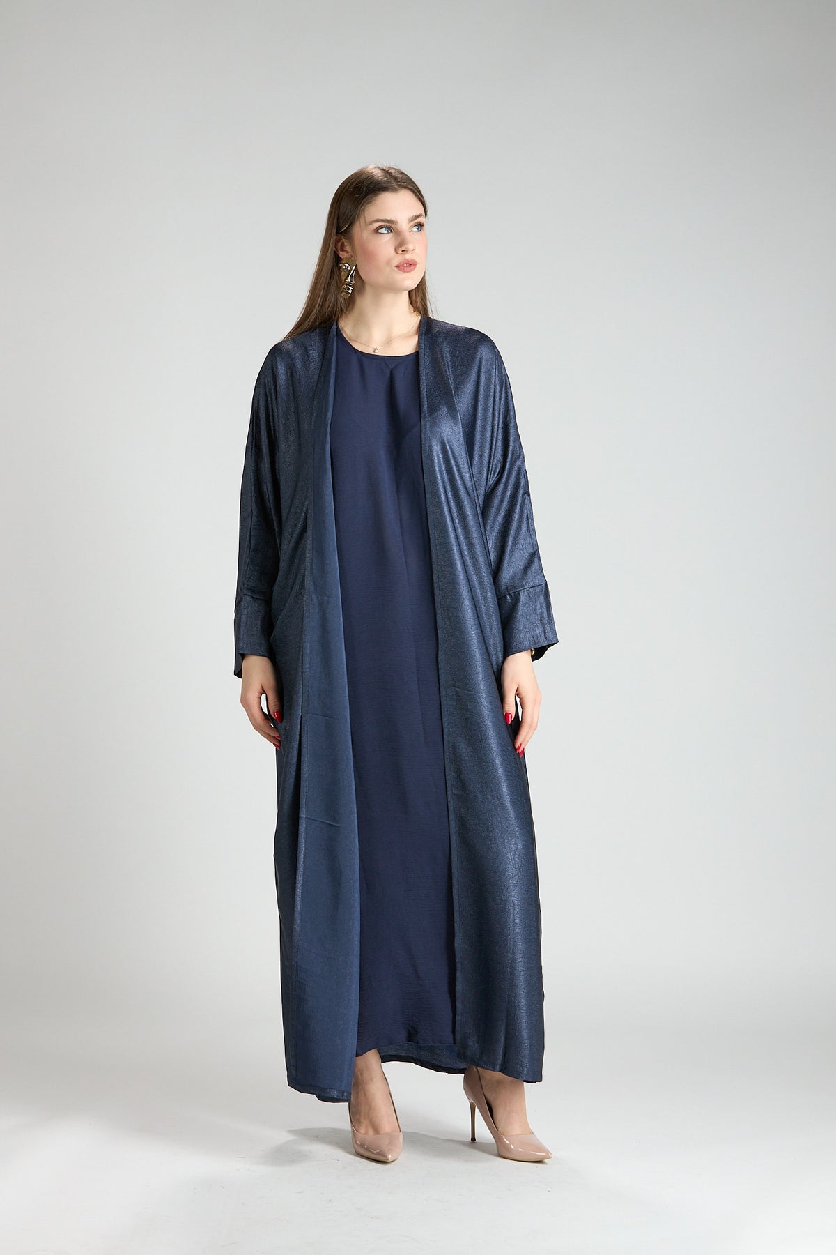 Midnight Silk Navy Shimmer 3-Piece Open Abaya with Inner Dress