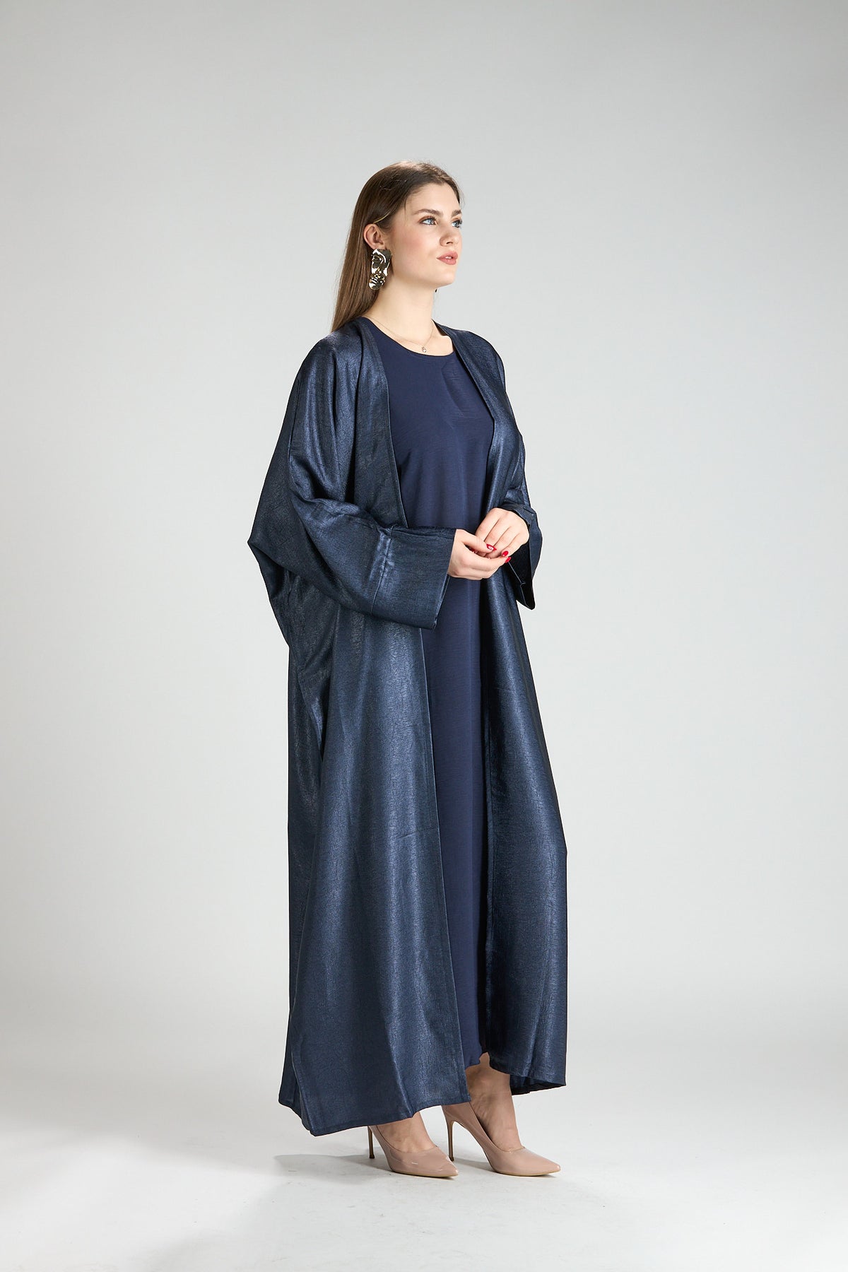 Midnight Silk Navy Shimmer 3-Piece Open Abaya with Inner Dress