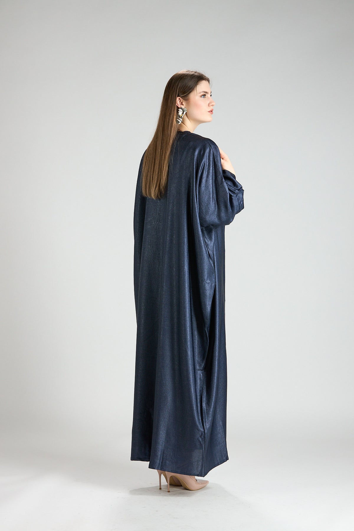 Midnight Silk Navy Shimmer 3-Piece Open Abaya with Inner Dress