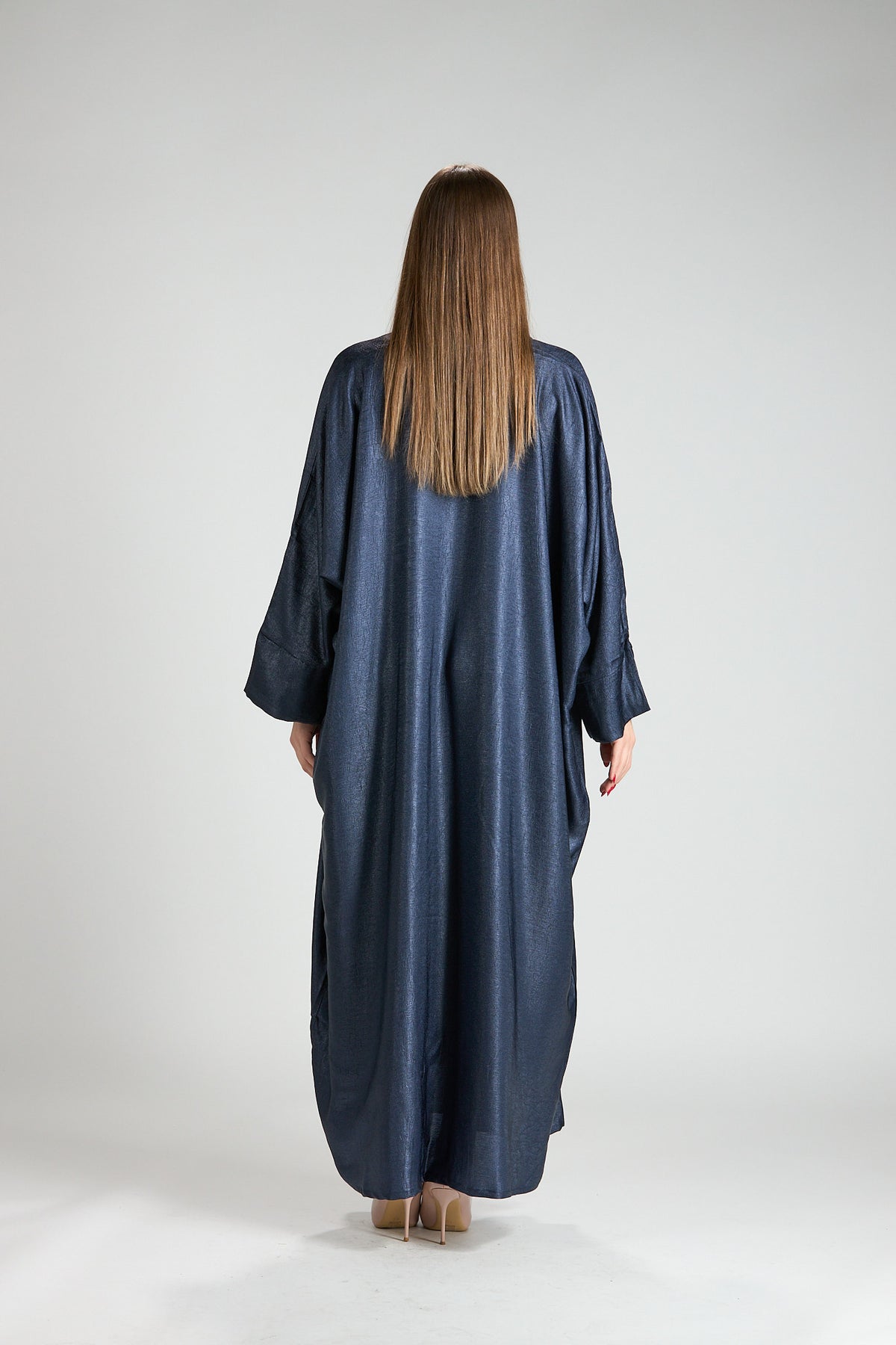 Midnight Silk Navy Shimmer 3-Piece Open Abaya with Inner Dress