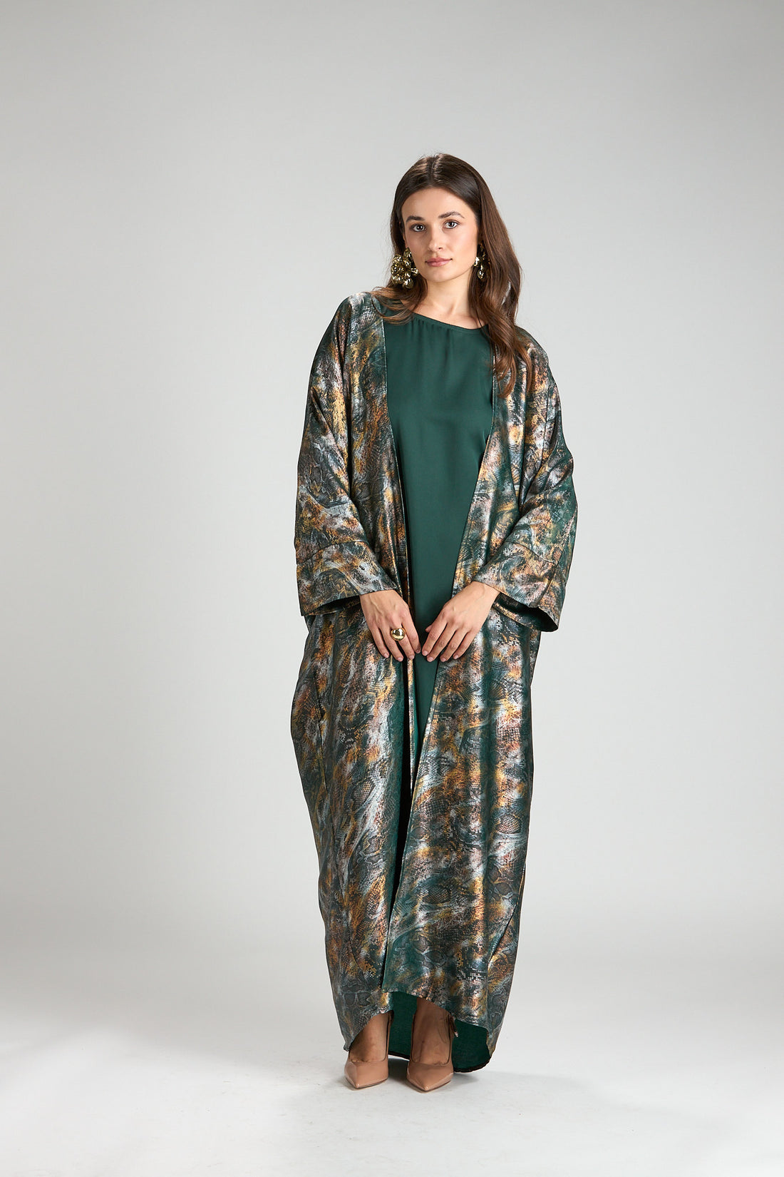 Emerald Mirage Abstract Metallic 3-Piece Open Abaya with Inner Dress