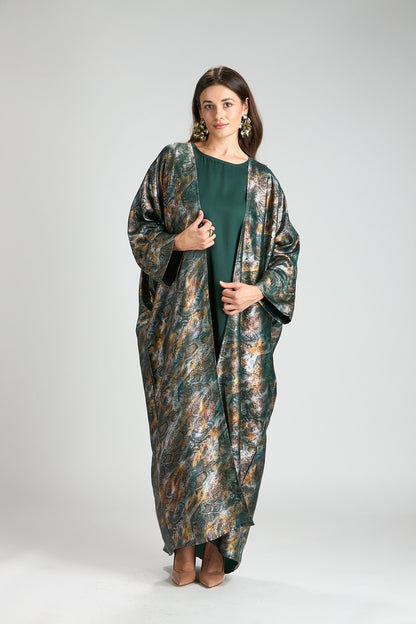 Emerald Mirage Abstract Metallic 3-Piece Open Abaya with Inner Dress