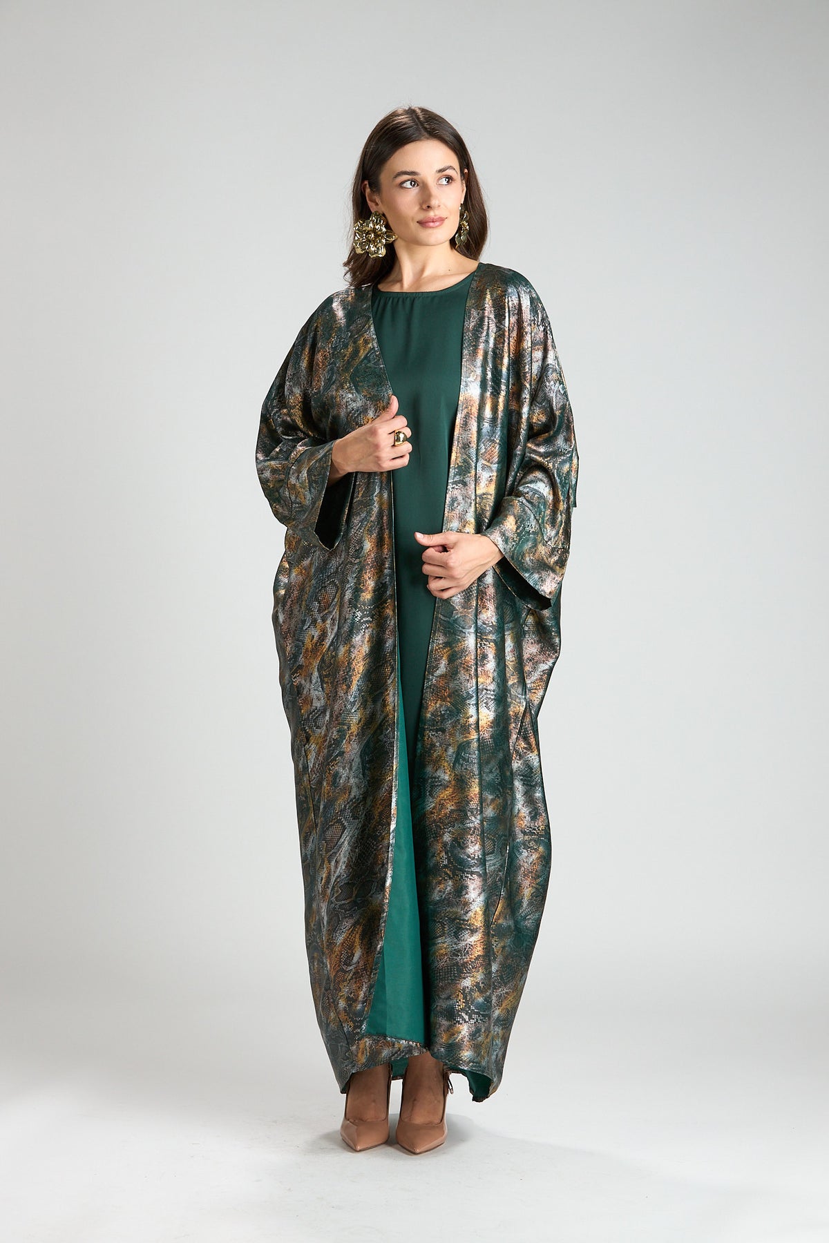 Emerald Mirage Abstract Metallic 3-Piece Open Abaya with Inner Dress
