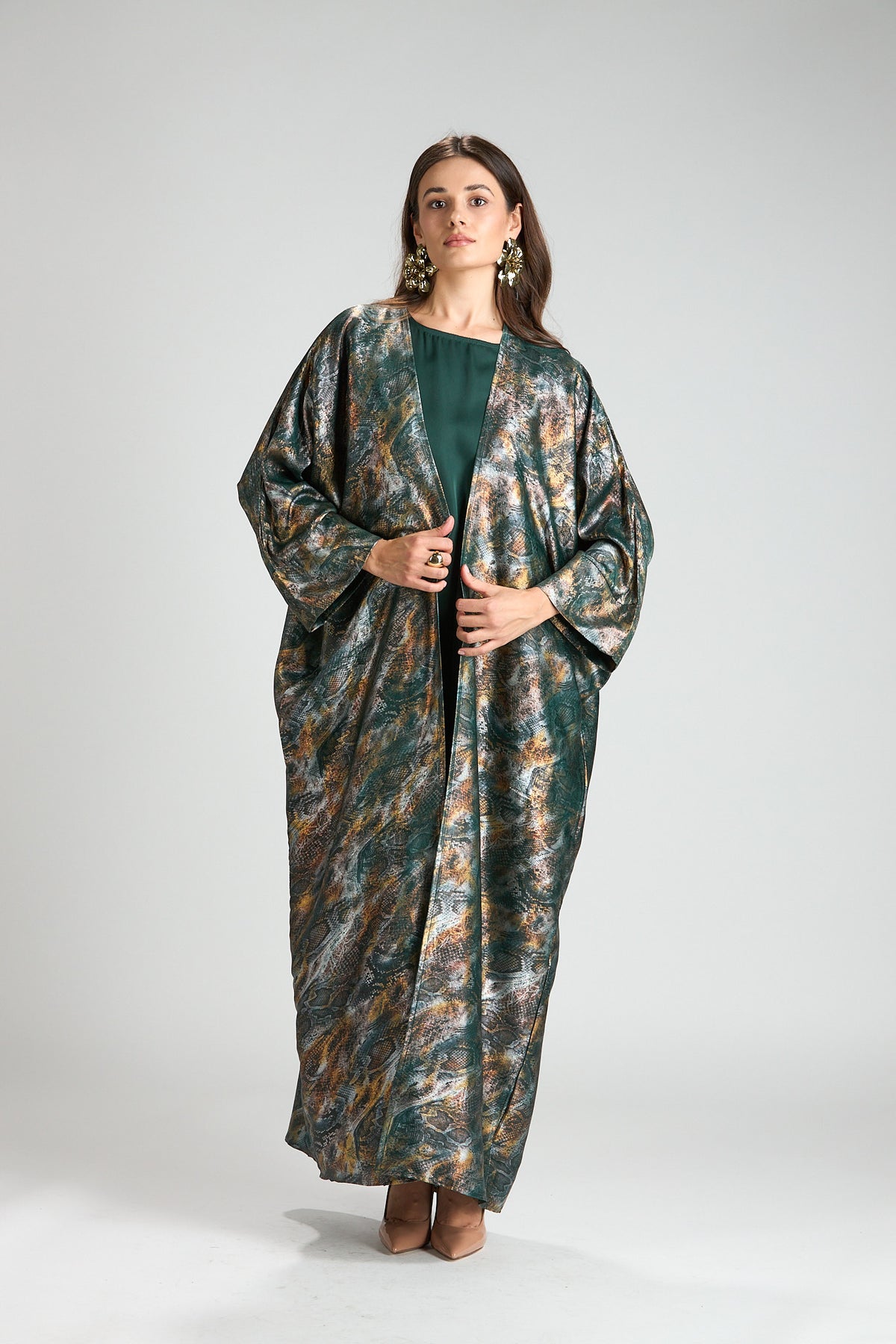 Emerald Mirage Abstract Metallic 3-Piece Open Abaya with Inner Dress