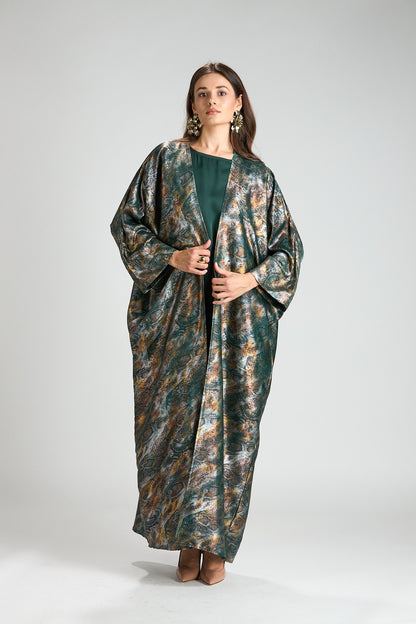 Emerald Mirage Abstract Metallic 3-Piece Open Abaya with Inner Dress