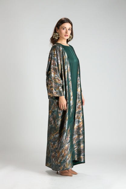 Emerald Mirage Abstract Metallic 3-Piece Open Abaya with Inner Dress