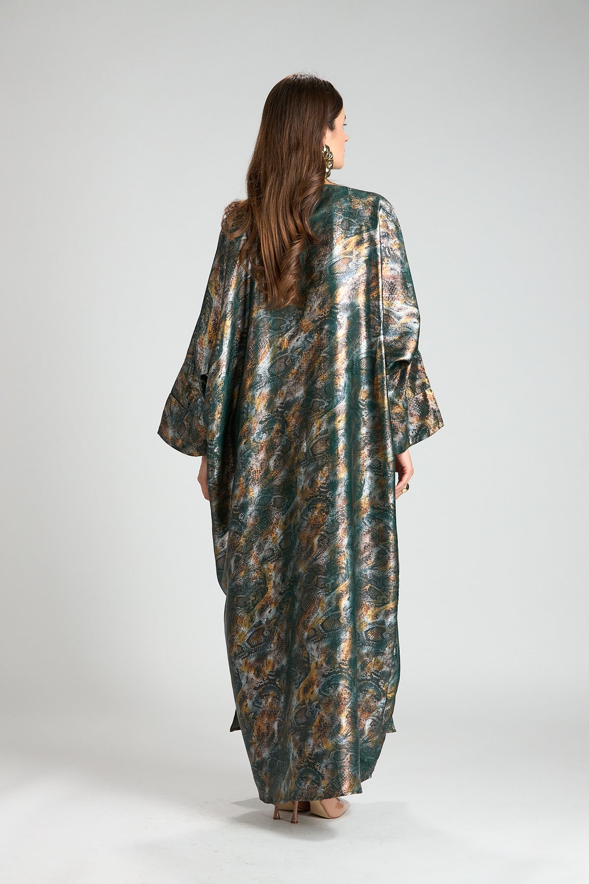 Emerald Mirage Abstract Metallic 3-Piece Open Abaya with Inner Dress