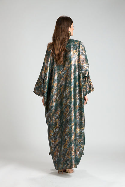 Emerald Mirage Abstract Metallic 3-Piece Open Abaya with Inner Dress
