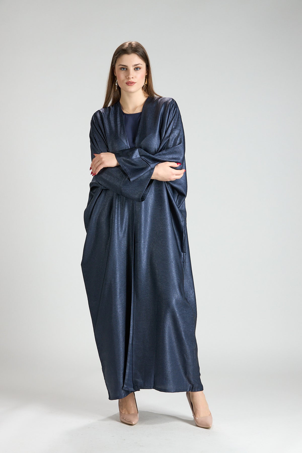 Midnight Silk Navy Shimmer 3-Piece Open Abaya with Inner Dress