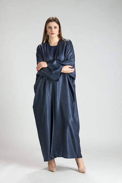 Midnight Silk Navy Shimmer 3-Piece Open Abaya with Inner Dress